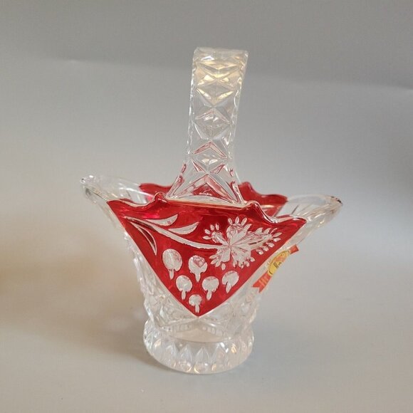 MINT ANNA HUTTE 24% CRYSTAL BASKET VASE RUBY RED FLASHED ON SIDES BLEIKRISTALL - Picture 4 of 6